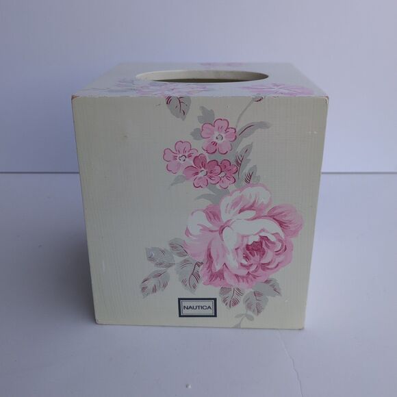 Nautica  wooden Tissue  Box  Cover pink Roses Cube cottage - Picture 1 of 5